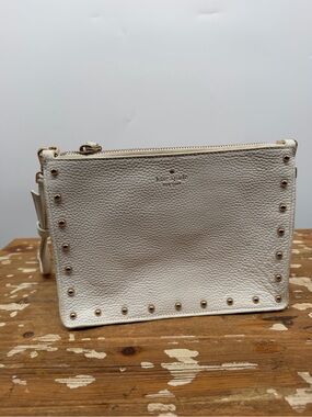 kate spade White Pebbled Leather Studded Wristlet Clutch